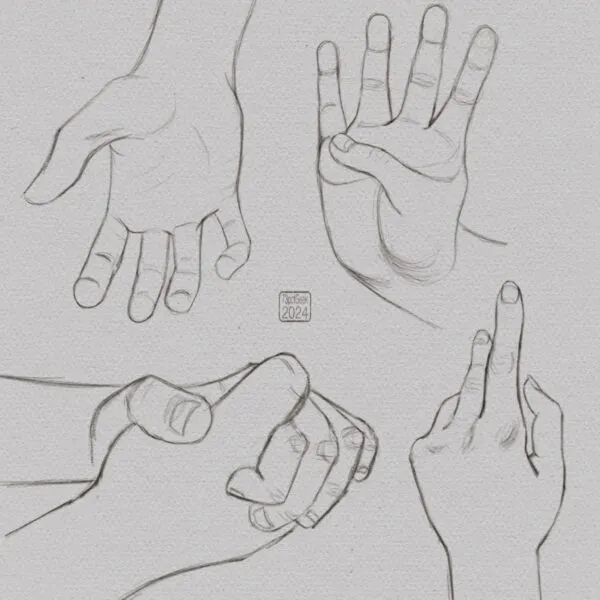 Digital pencil sketches of a hand in three different poses and a pair of hands clasped together.