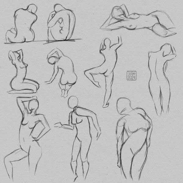 Digital gesture drawings of ten different nude figures in various poses.