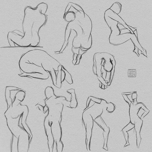 Digital gesture drawings of nine different nude figures in various poses.