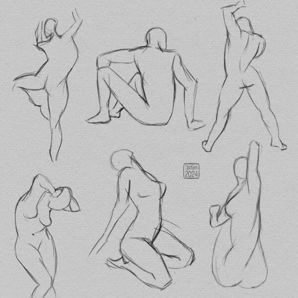 Digital gesture drawings of six different nude figures in various poses.