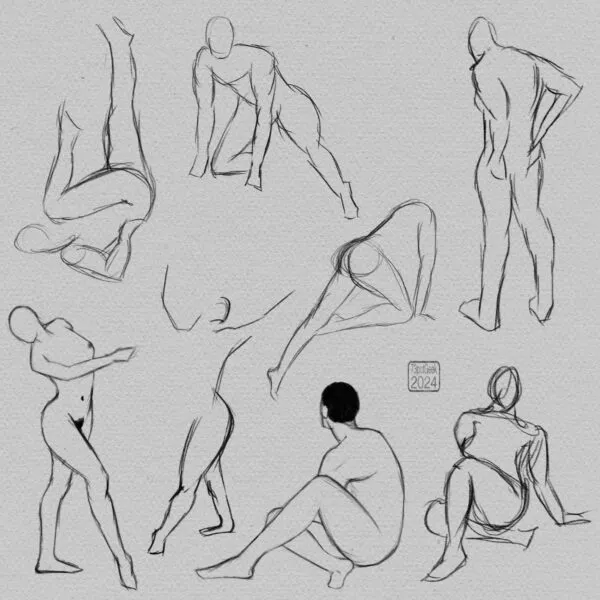 Digital gesture drawings of eight different nude figures in various poses.
