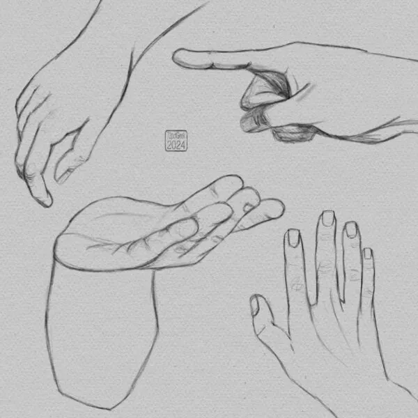 Digital pencil sketches of a hand in four different poses.