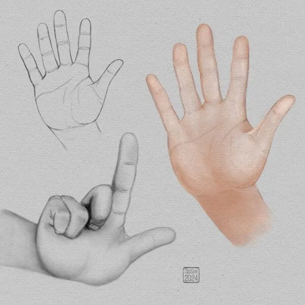 Digital pencil sketches of a hand in three different poses, one is rendered in colour.