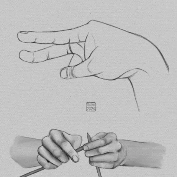Digital pencil sketches of a pair of hands posed as if knitting, and a single hand with two fingers pointing.