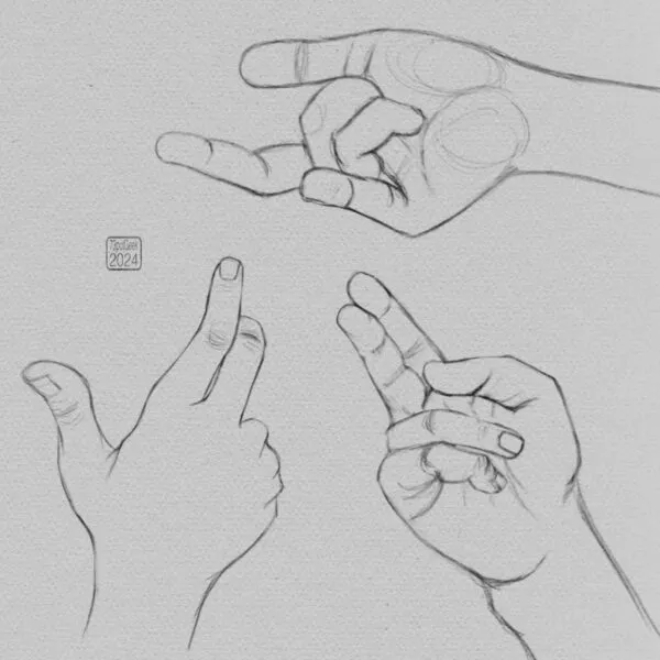 Digital pencil sketches of a hand in three different poses. 