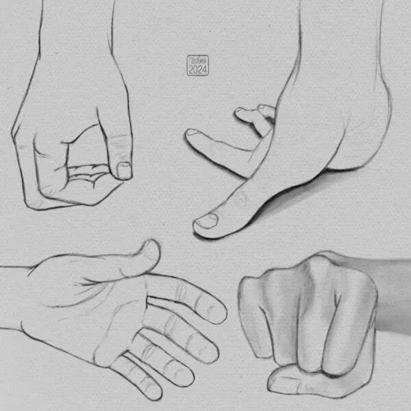 Digital pencil sketches of a hand in four different poses.
