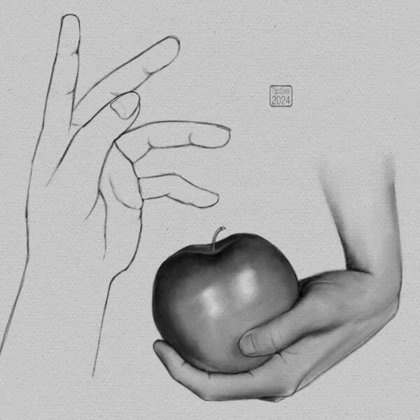 Digital pencil sketches of a hand in two different poses. The leftmost sketch is a mere contour whereas the one to the right, holding an apple, is rendered in shades of grey pencil.