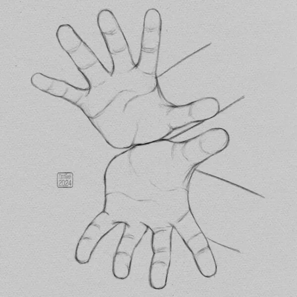 Digital pencil sketch of a pair of hands posed as if to catch something, the heels of the hands touching.