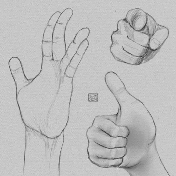 Digital pencil sketches of a hand in three different poses.