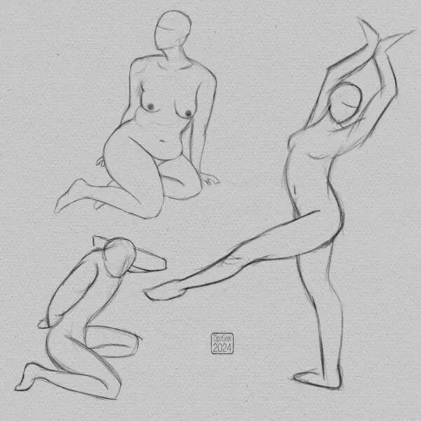 Digital sketchy drawings of three different nude figures in various poses.