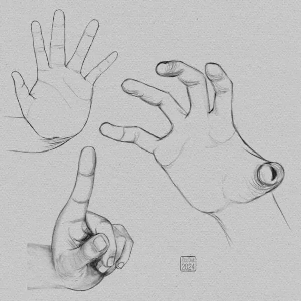 Digital pencil sketches of a hand in three different poses.