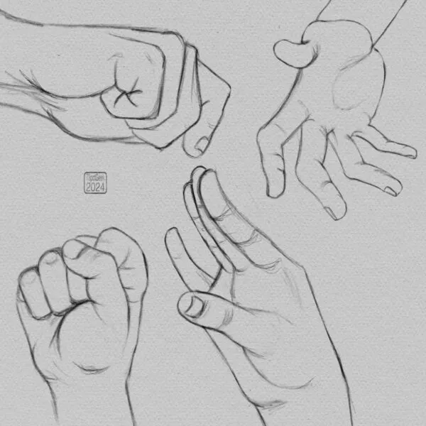 Digital pencil sketches of a hand in four different poses.