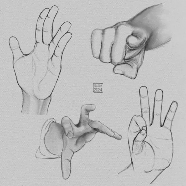 Digital pencil sketches of a hand in four different poses.
