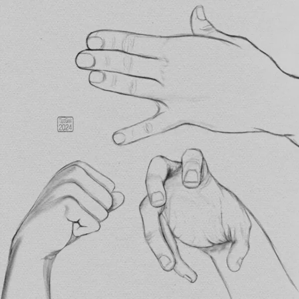 Digital pencil sketches of a hand in three different poses.
