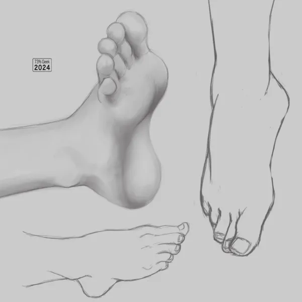 Digital pencil sketches of a foot in three different poses.
