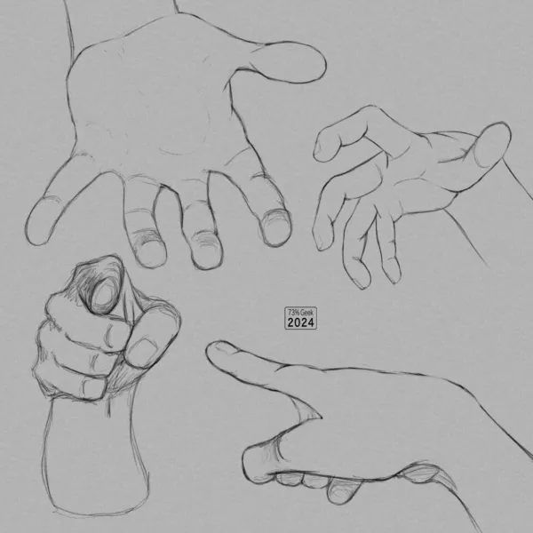 Digital pencil sketches of a hand in four different poses.