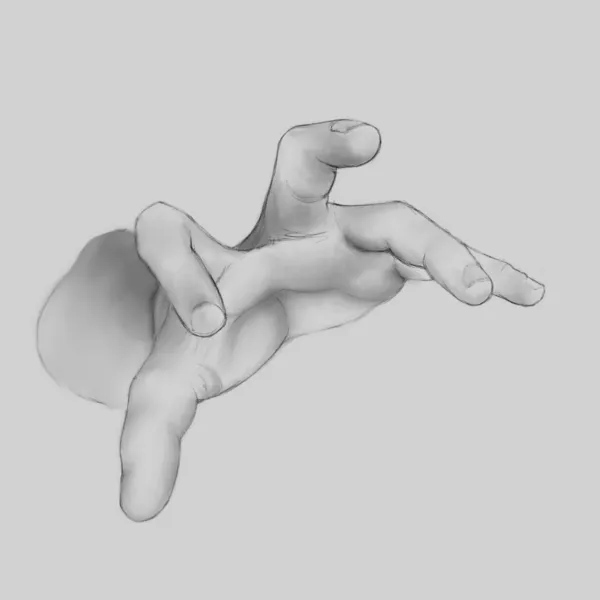 Digital graphite sketch of a hand, palm down, fingers spread wide as though grasping