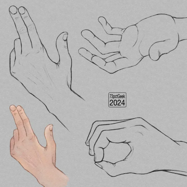 Digital graphite sketches of a hand in three different poses. A pose is duplicated and rendered in colour.