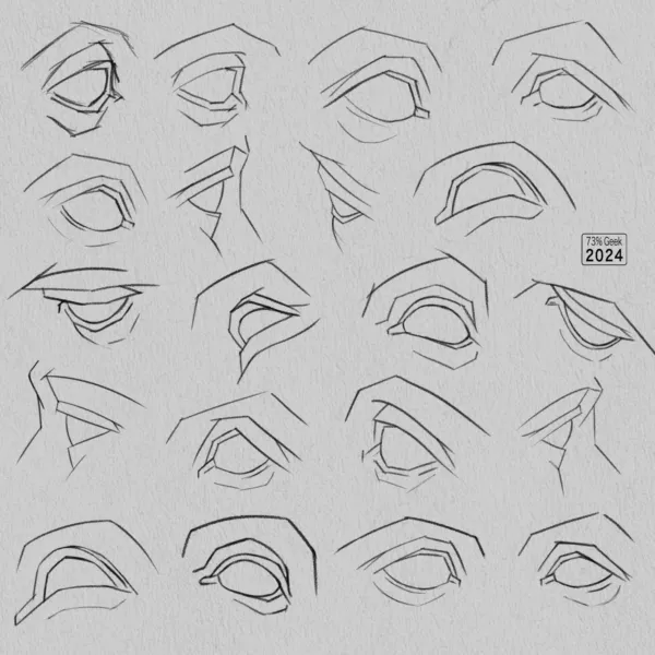 20 digital line art graphite studies of an eye.