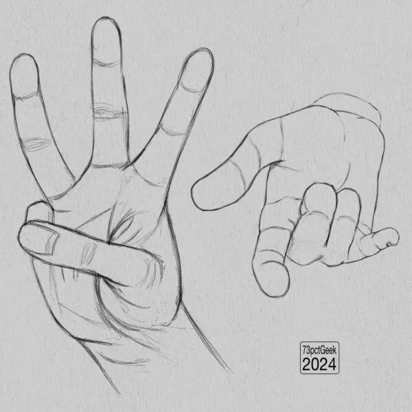 Digital graphite sketches of a hand in two different poses.