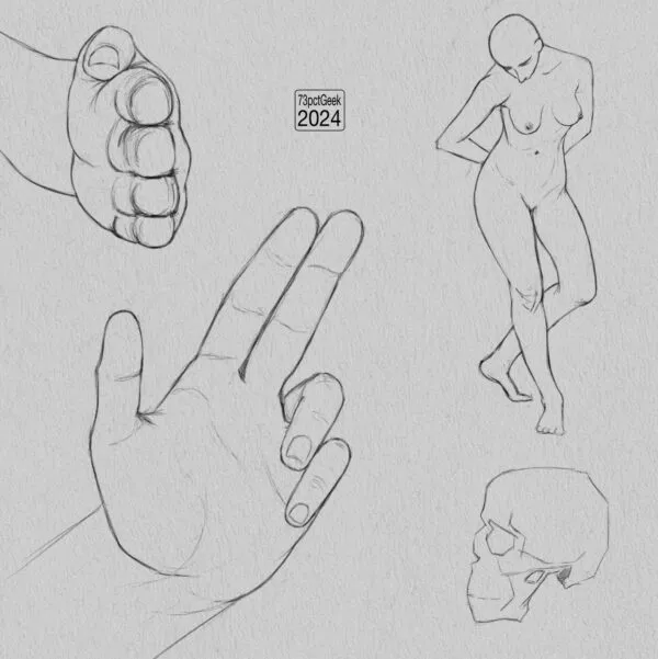 Digital graphite sketches of 2 hands, a nude figure drawing of a woman, and a skull.
