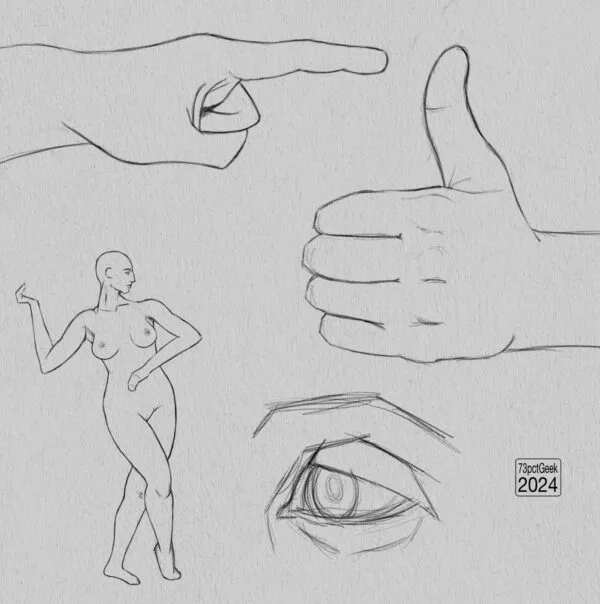 Digital graphite sketches of 2 hands, a nude figure drawing of a woman, and an eye.