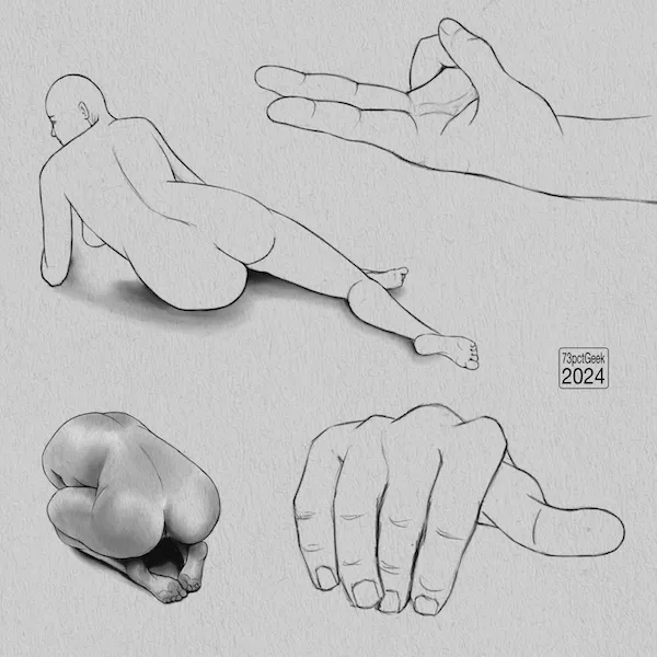 Digital graphite sketches of 2 hands, and 2 nude figure drawing of a woman, one of which is shaded.