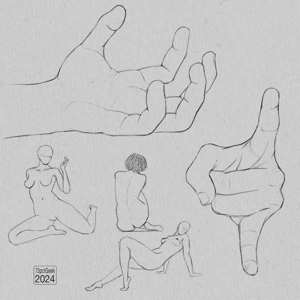 Digital graphite sketches of 2 hands, and 3 nude figure drawings of a woman.
