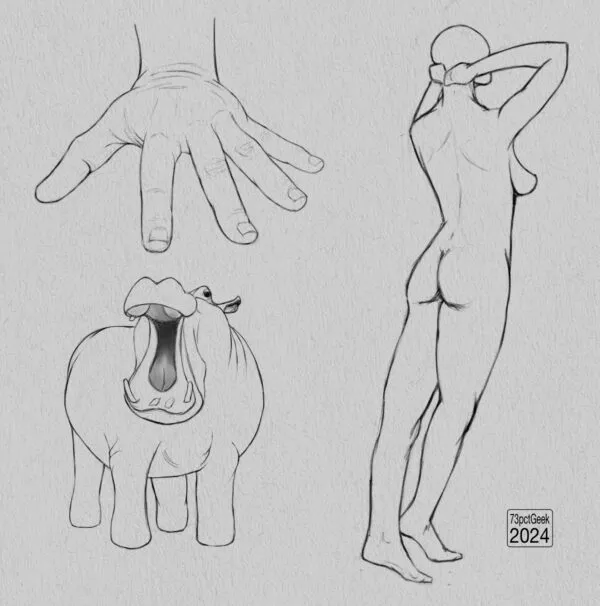 Digital graphite sketches of a hand, a nude figure drawing of a woman, and a hippo with its mouth open.