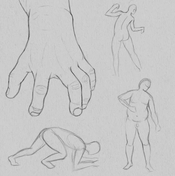 Digital graphite sketch of a hand, and 3 gesture drawings of nude figures.