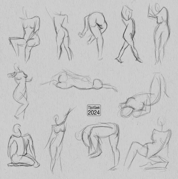 Digital gesture drawings of 12 different nude figures in various poses.