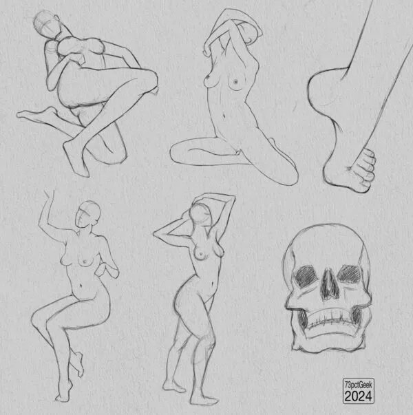 Digital graphite sketches of a foot, four nude figure drawings, and a skull.