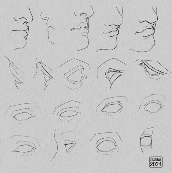 Digital graphite studies of 13 individual eyes and 5 nose and mouths in profile.