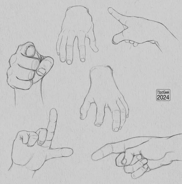 Digital graphite sketches of 6 different hands.
