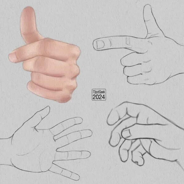 Digital graphite sketches of 4 different hands, one of which in colour.
