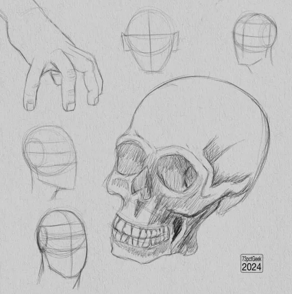 Digital graphite sketches of a skull, a hand and three Loomis Method head constructions.