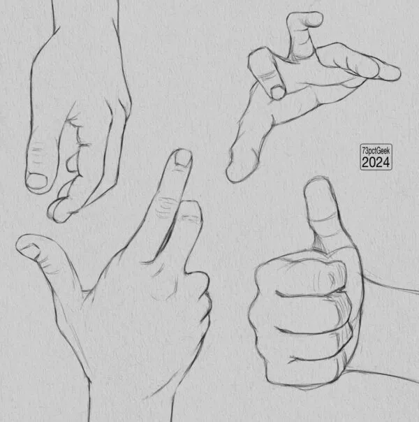 Digital graphite sketches of 4 different hands. 