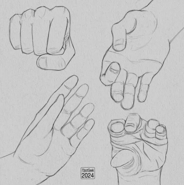 Digital graphite sketches of 4 different hands. 