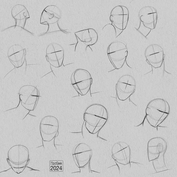 Digital graphite sketches of 19 different head lay-ins.