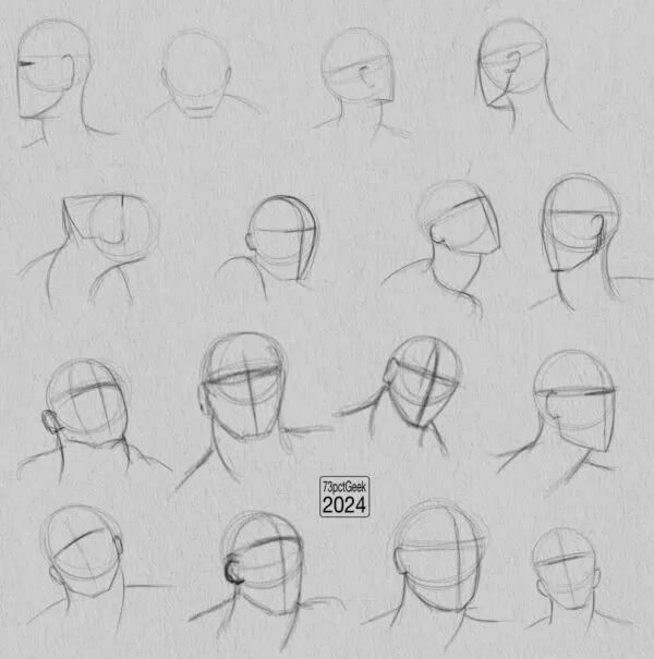 Digital graphite sketches of 16 different head lay-ins. 