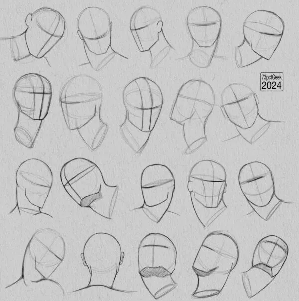 Digital graphite sketches of 20 different head lay-ins.