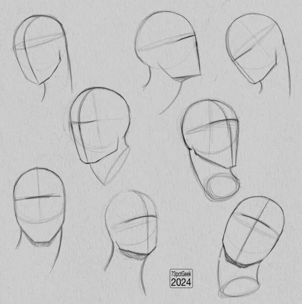 Digital graphite sketches of 8 different head lay-ins.