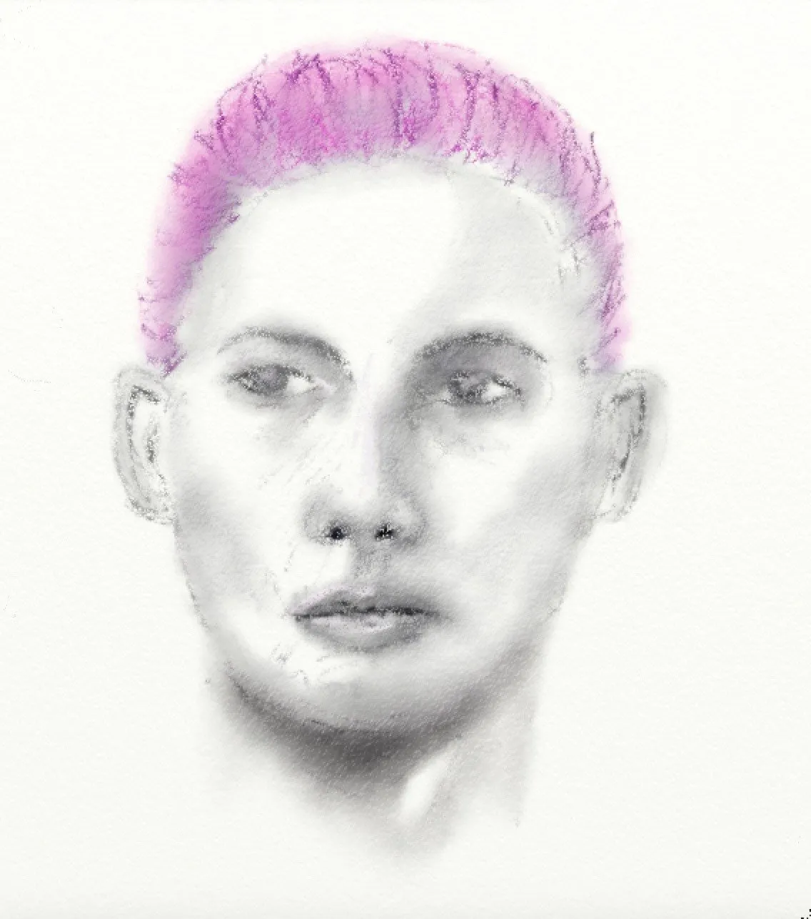 A portrait sketch of me with pulled back pink hair, rendered in smeared grey tones with an attempt at realistically drawn  facial features.