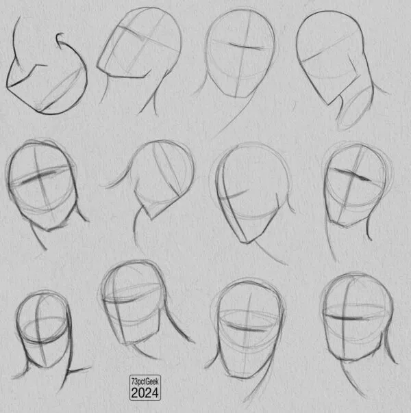 Digital graphite sketches of 12 different head lay-ins.