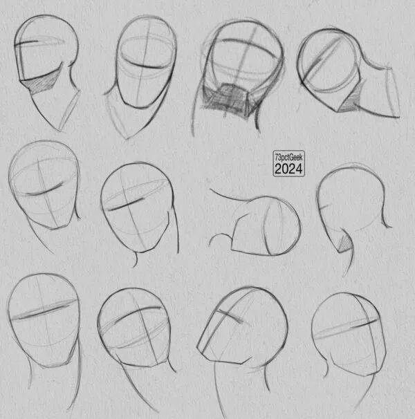 Digital graphite sketches of 12 different head lay-ins.