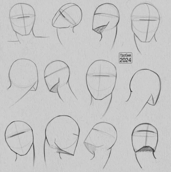 Digital graphite sketches of 12 different head lay-ins.