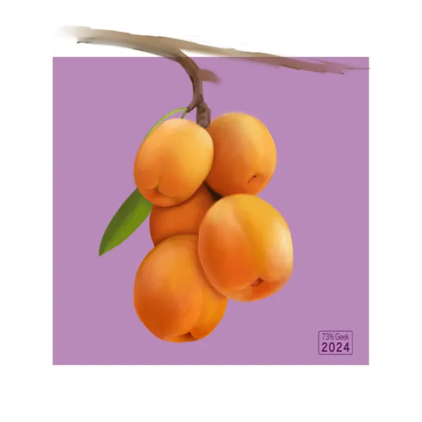 Digital painting of five ripe peaches hanging from a branch set against a lilac backdrop.