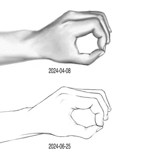 Comparison of two digital graphite sketches drawn using the same reference of a hand. The top is from 2024.04.08 and, even though shaded, is a much rougher drawing. The bottom is from 2024.06.25, and though unshaded, shows some improvement in line work.
