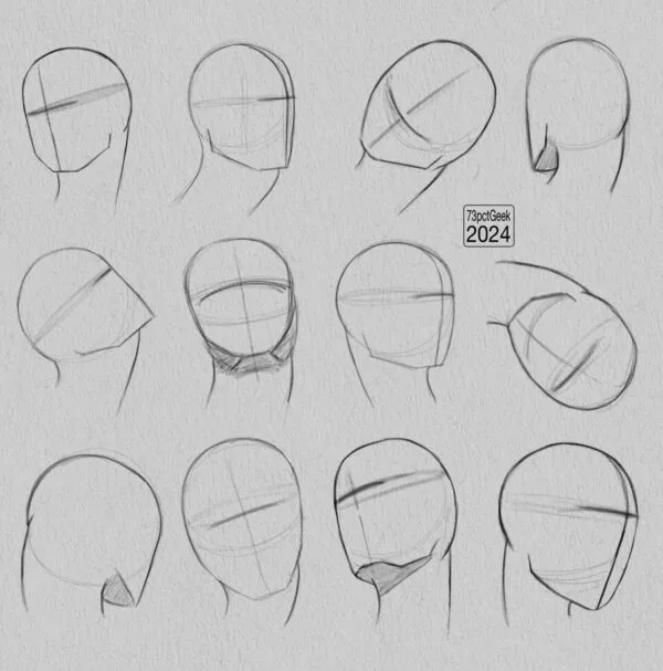 Digital graphite sketches of 12 different head lay-ins.