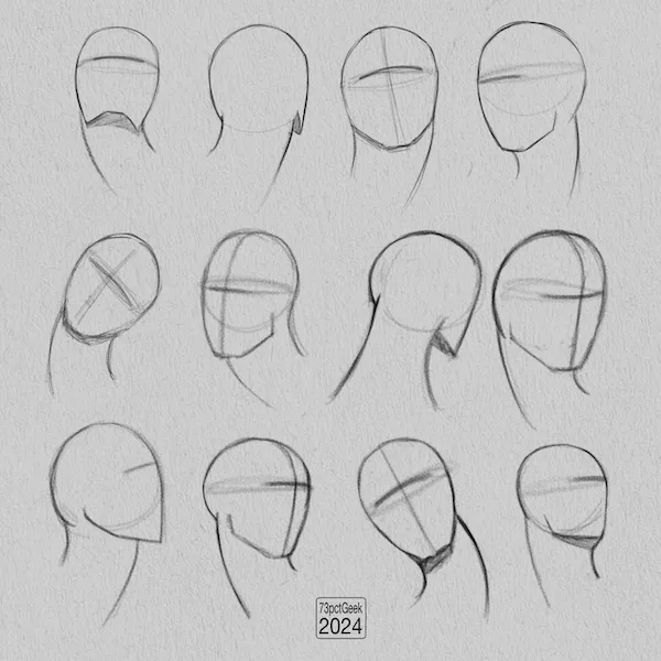 Digital graphite sketches of 12 different head lay-ins.